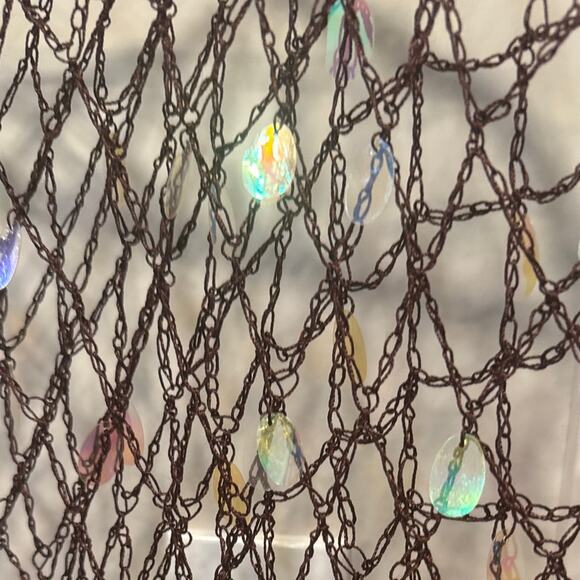 Womens Unbranded Brown Open Knit Crochet Fishnet Poncho Shawl Sequin Fringe - Picture 2 of 3